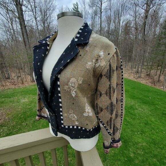 Vtg Painted Pony Women Tapestry Jacket Small Medium Black Tan White Flower Coat - Picture 8 of 11
